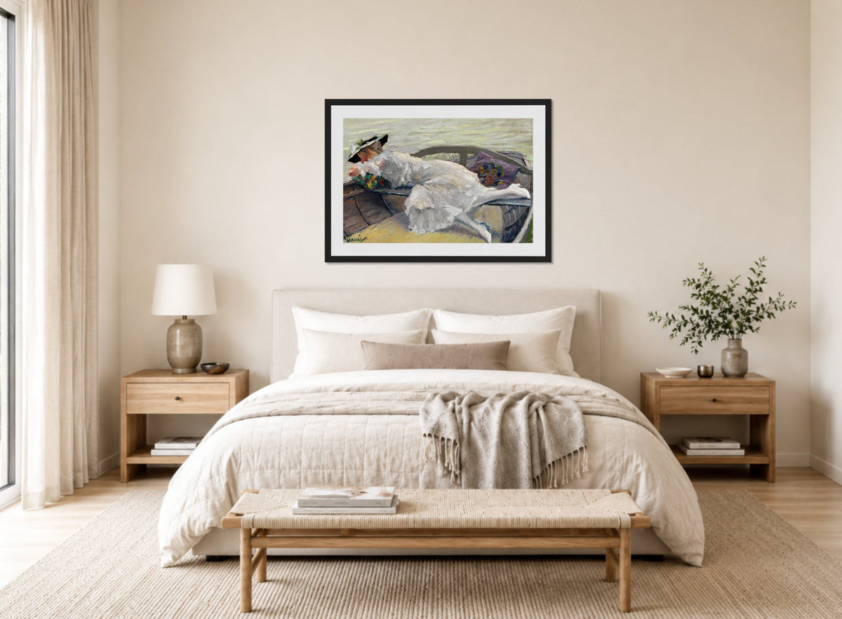 Edward Cucuel Print, Schöne Stunde (1920) displayed above a bed
