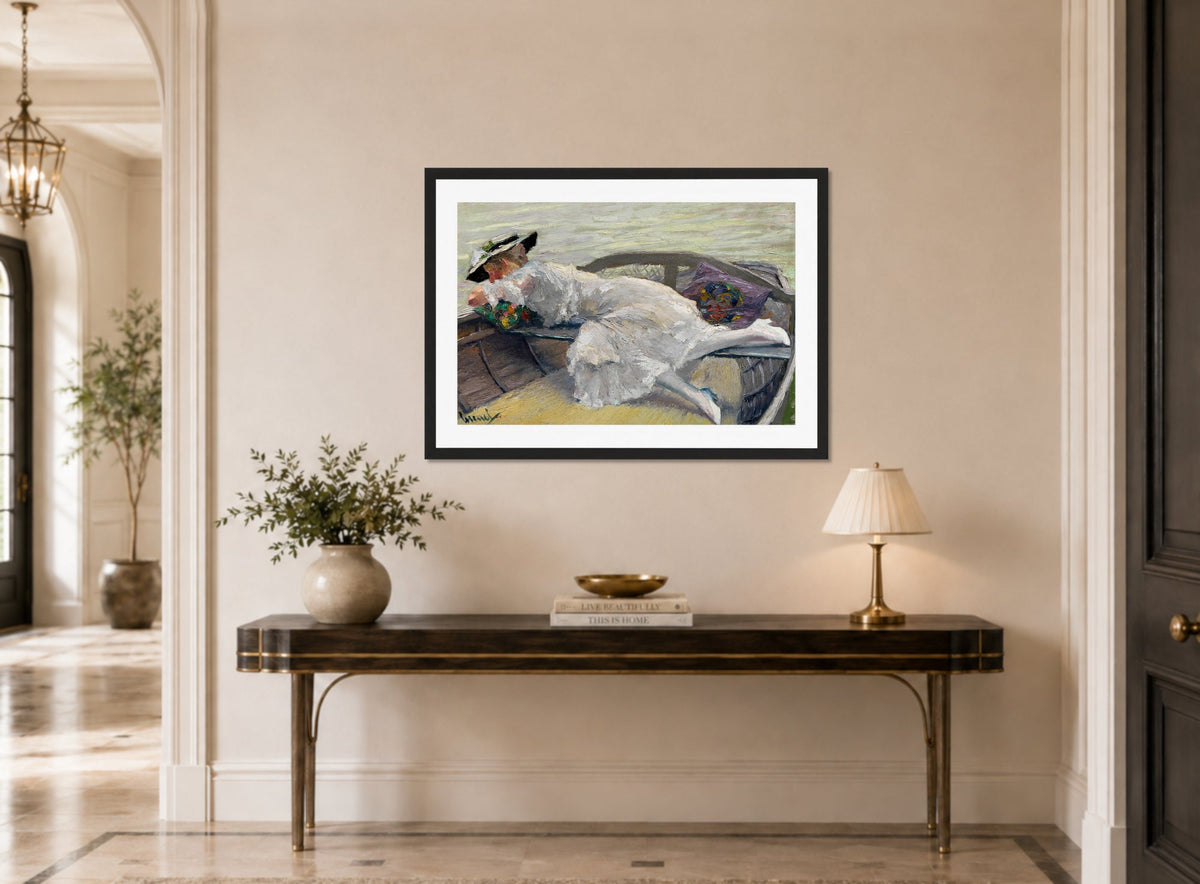 Edward Cucuel Print, Schöne Stunde (1920) displayed above a console table