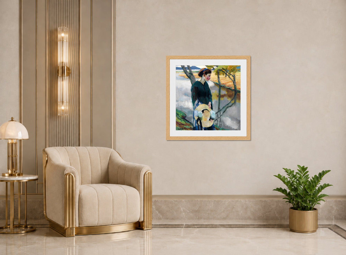 Edward Cucuel Print, Spätsommer (1911) displayed in an Art Deco interior