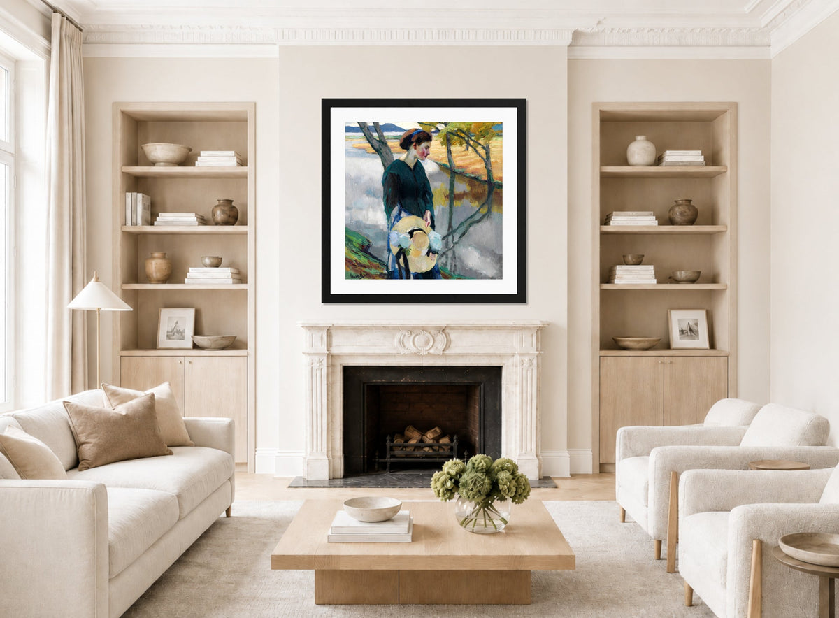Edward Cucuel Print, Spätsommer (1911) displayed in a Scandinavian living room
