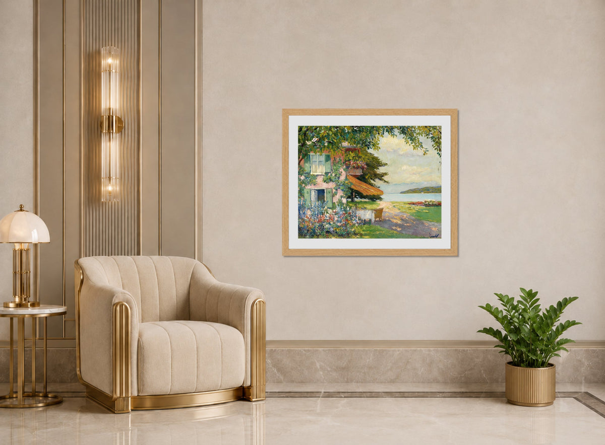 Edward Cucuel Print, Spring Garden in Starnberg (1920) displayed in an Art Deco interior