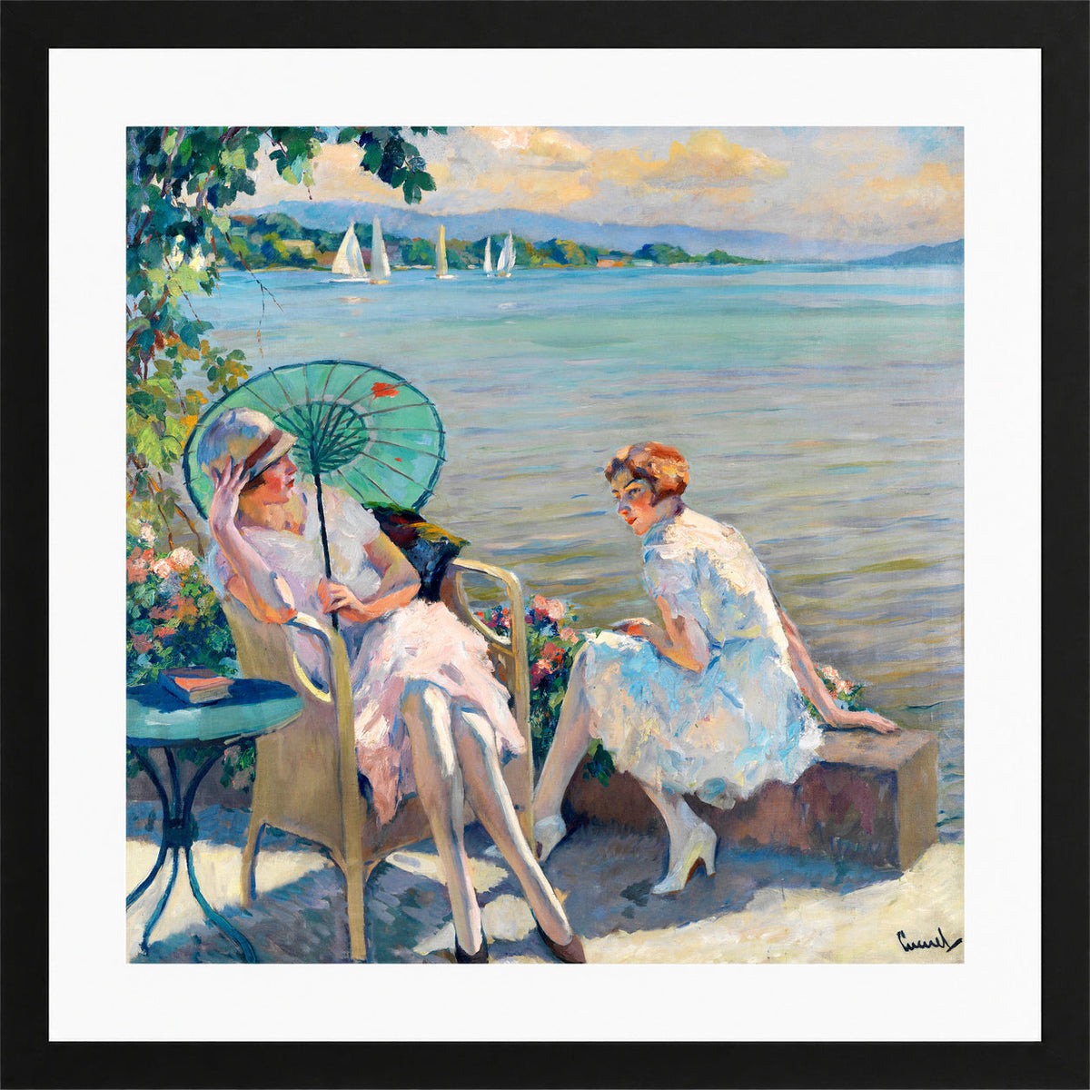 Edward Cucuel Print, Summer afternoon at the lake (1920) in a black frame