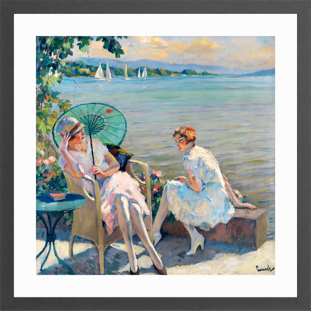 Edward Cucuel Print, Summer afternoon at the lake (1920) in a dark grey frame