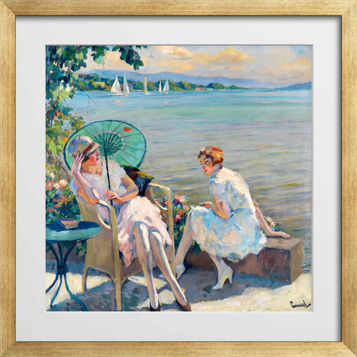Edward Cucuel Print, Summer afternoon at the lake (1920) in a gold frame