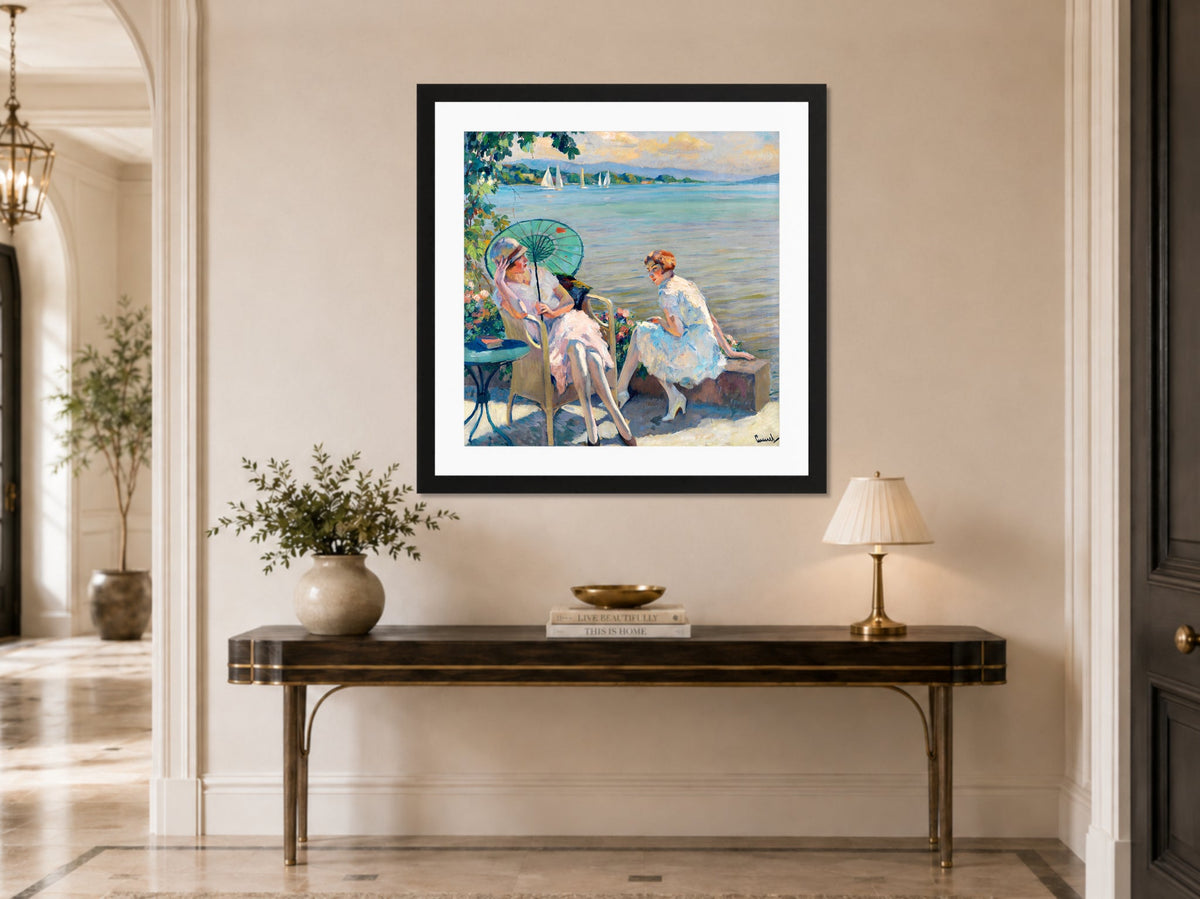 Edward Cucuel Print, Summer afternoon at the lake (1920) displayed above a console table