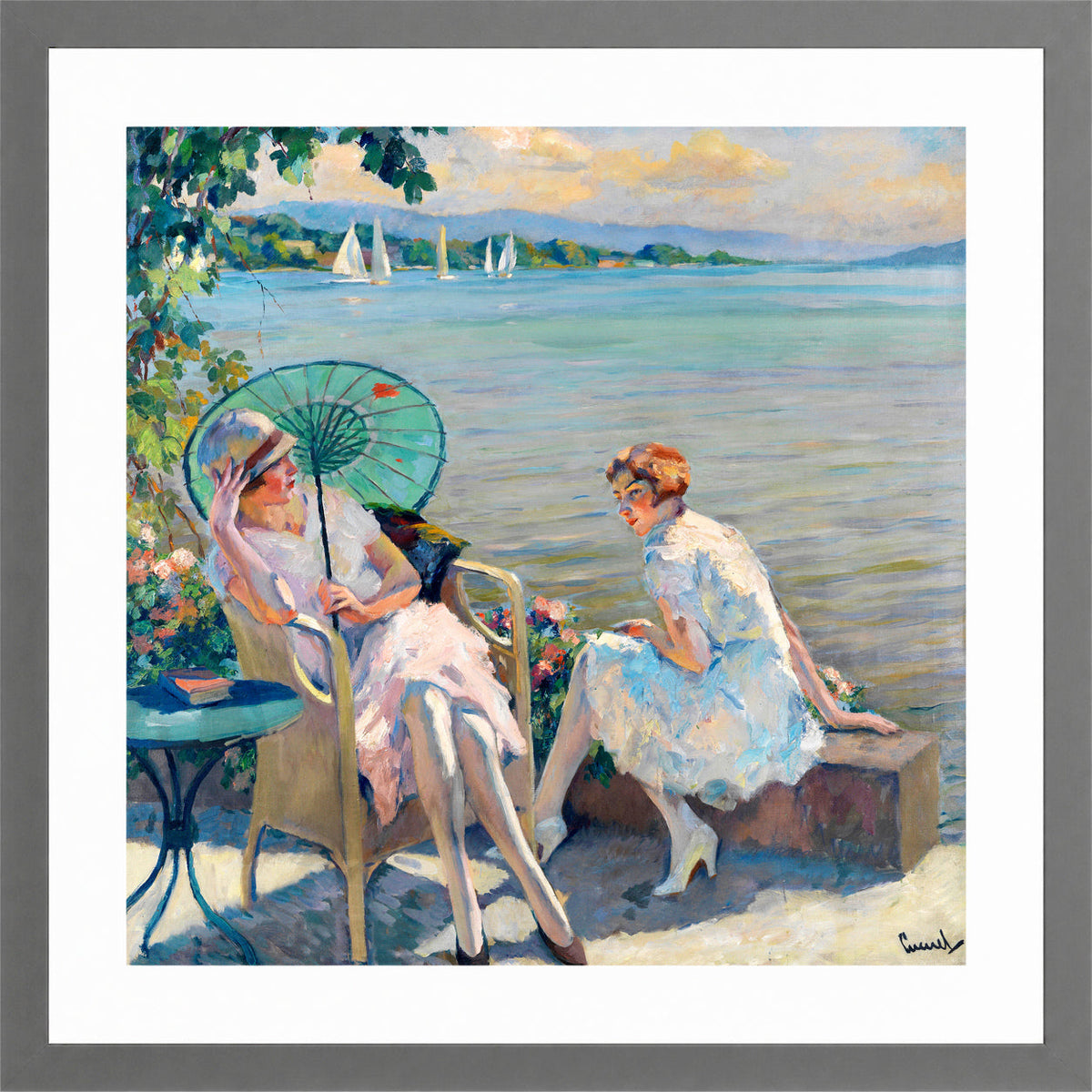 Edward Cucuel Print, Summer afternoon at the lake (1920) in a light grey frame