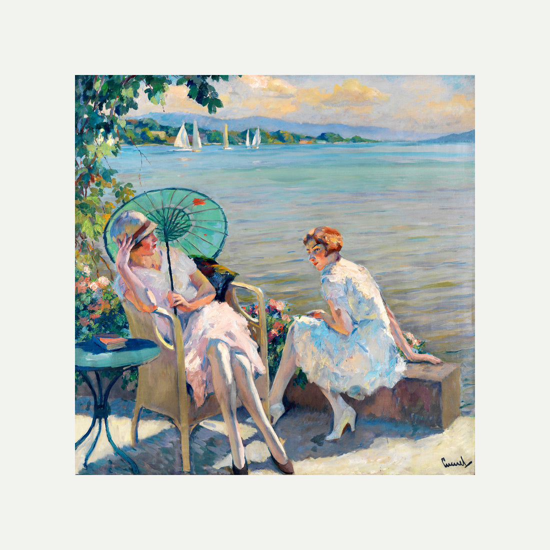 Edward Cucuel Print, Summer afternoon at the lake (1920) with an off-white border for rolled canvas