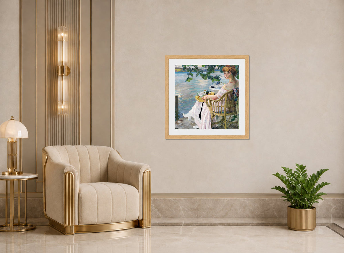 Edward Cucuel Print, Summer evening (1916) displayed in an Art Deco interior