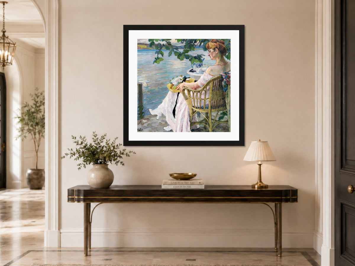 Edward Cucuel Print, Summer evening (1916) displayed above a console table