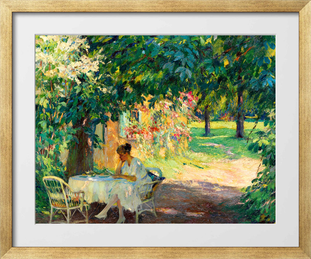 Edward Cucuel Print, Summer in the garden of the artist’s villa on Lake Starnberg (1920) in a gold frame