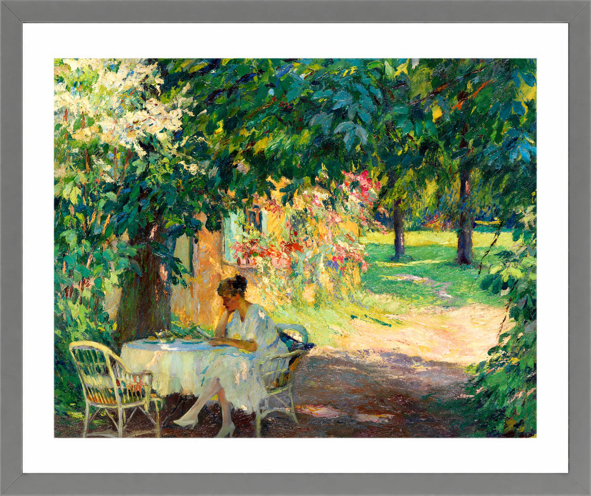 Edward Cucuel Print, Summer in the garden of the artist’s villa on Lake Starnberg (1920) in a light grey frame