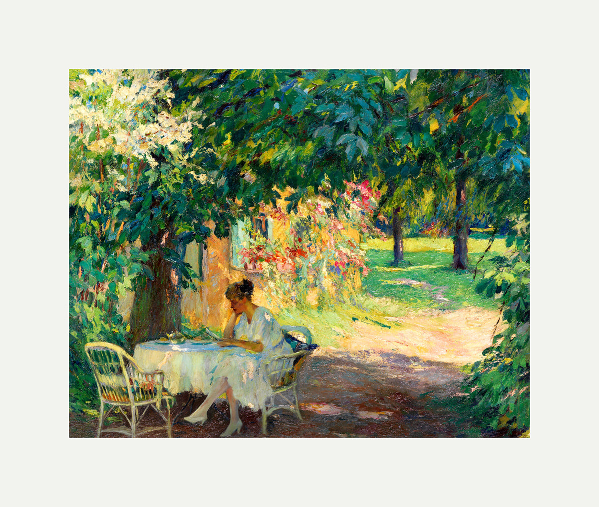 Edward Cucuel Print, Summer in the garden of the artist’s villa on Lake Starnberg (1920) with an off-white border for rolled canvas