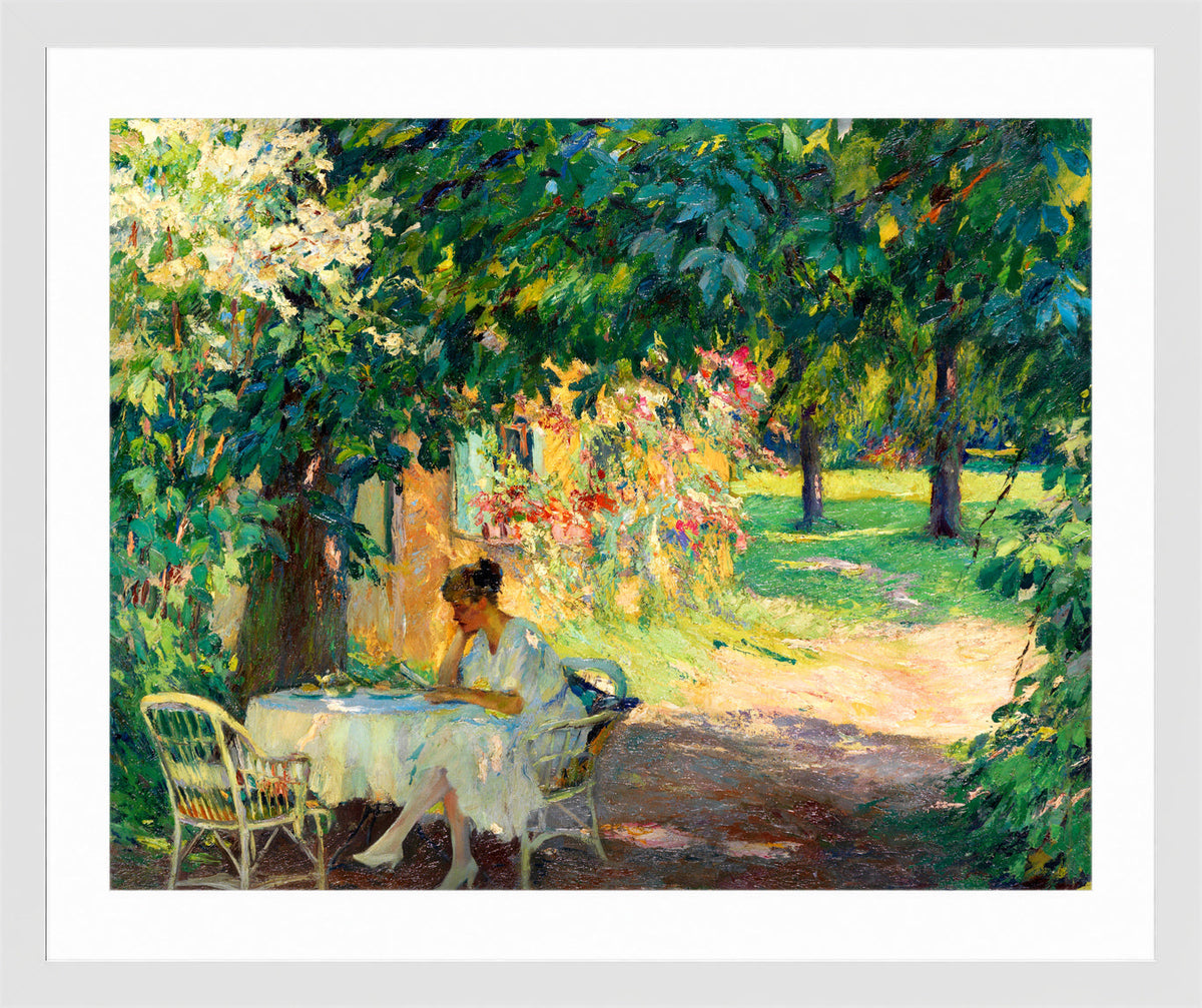 Edward Cucuel Print, Summer in the garden of the artist’s villa on Lake Starnberg (1920) in a white frame