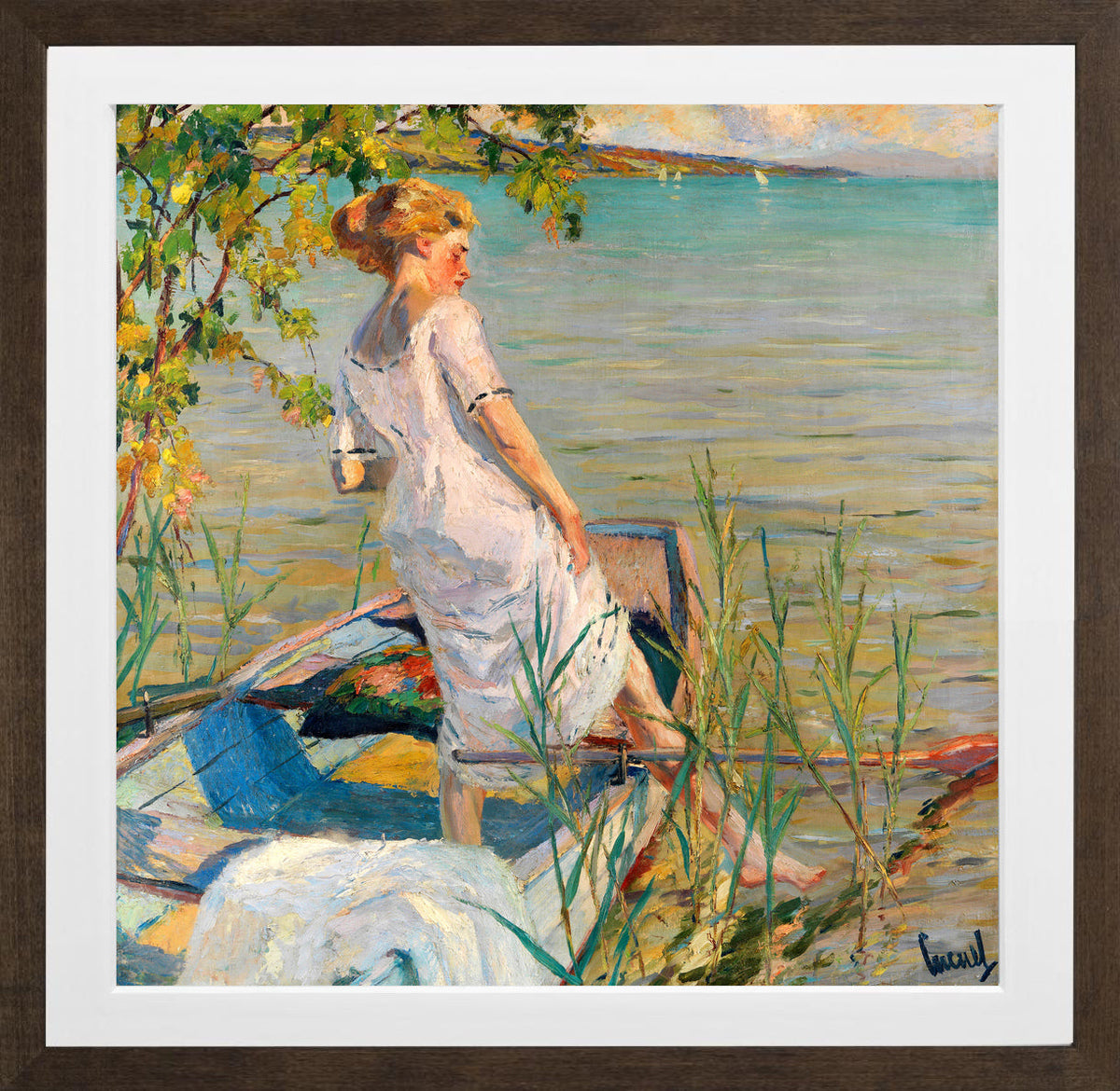 Edward Cucuel Print, Summer morning on Lake Starnberg (1920-25) in a brown frame