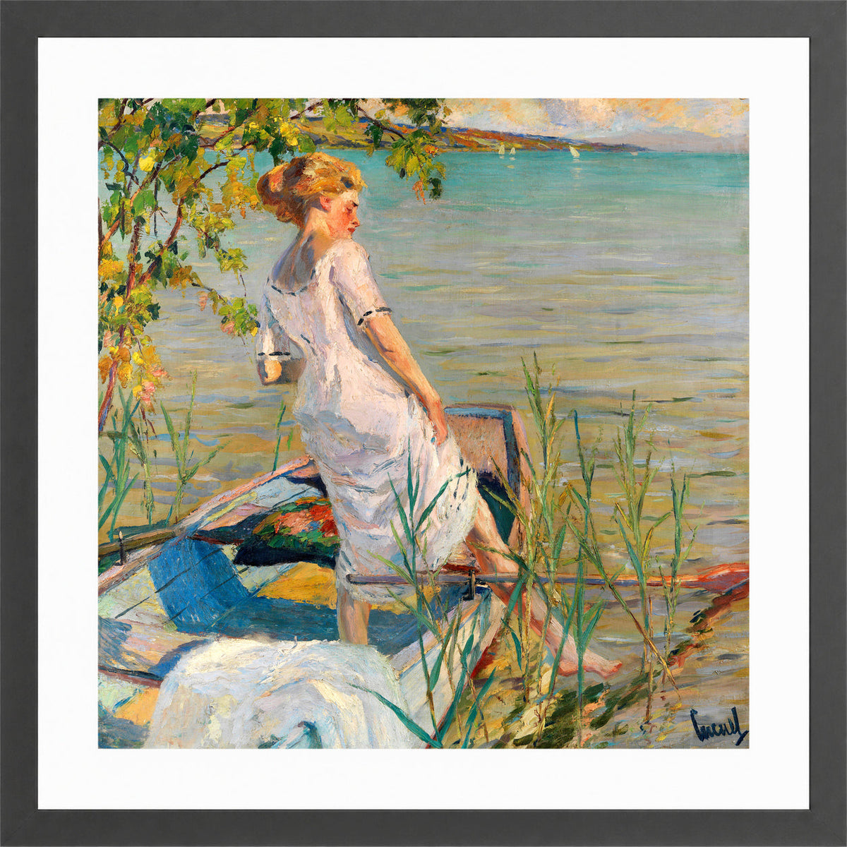 Edward Cucuel Print, Summer morning on Lake Starnberg (1920-25) in a dark grey frame