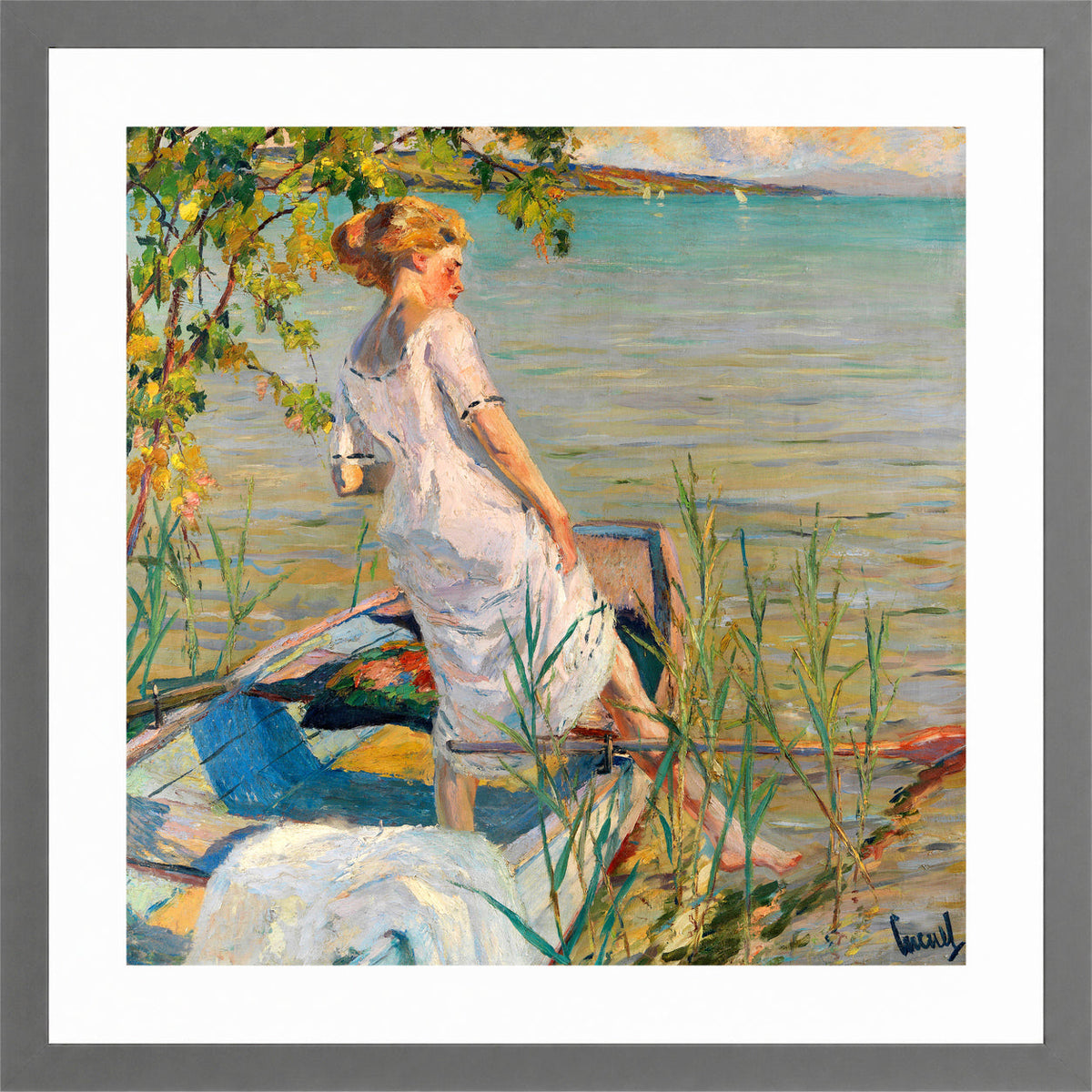 Edward Cucuel Print, Summer morning on Lake Starnberg (1920-25) in a light grey frame