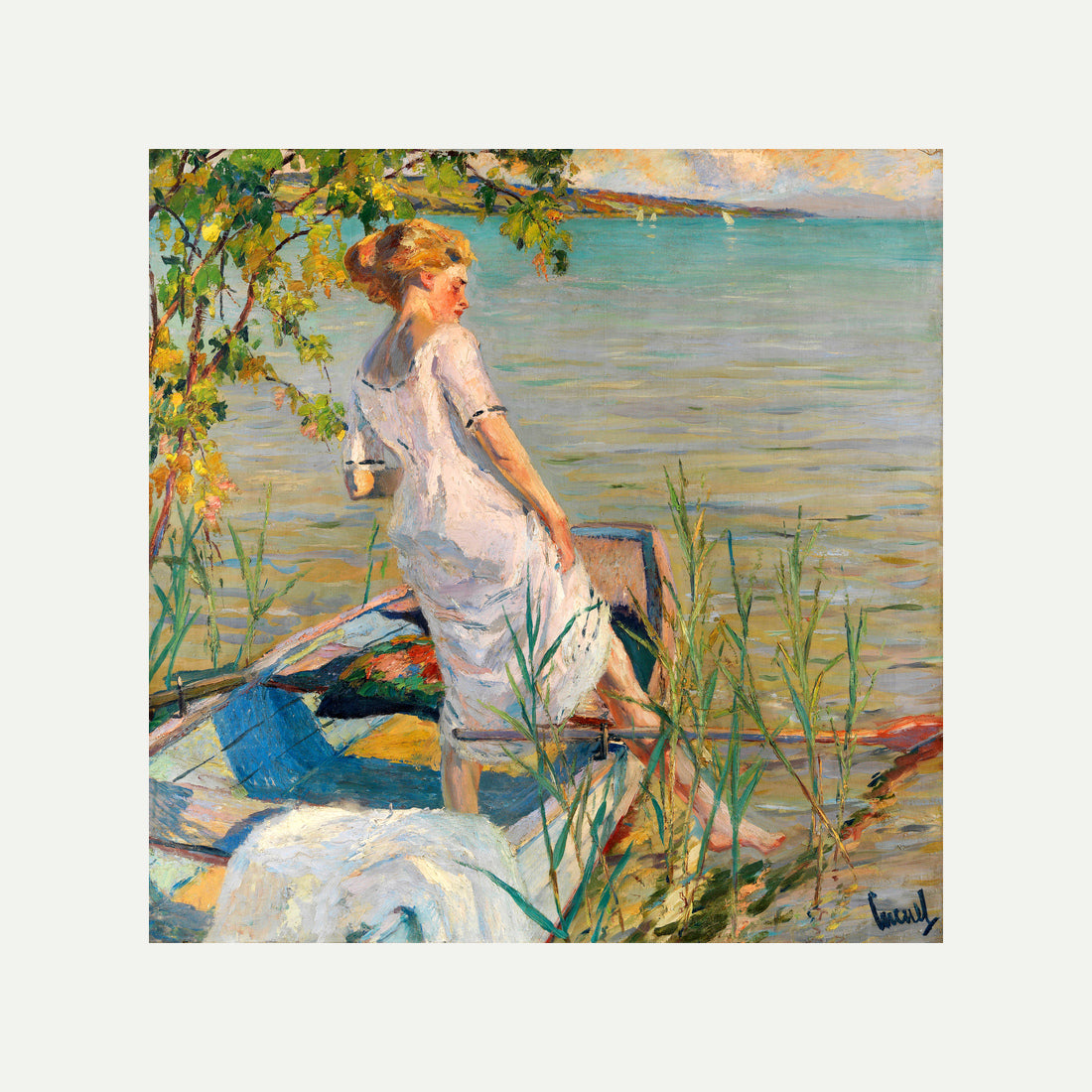 Edward Cucuel Print, Summer morning on Lake Starnberg (1920-25) with an off-white border for rolled canvas