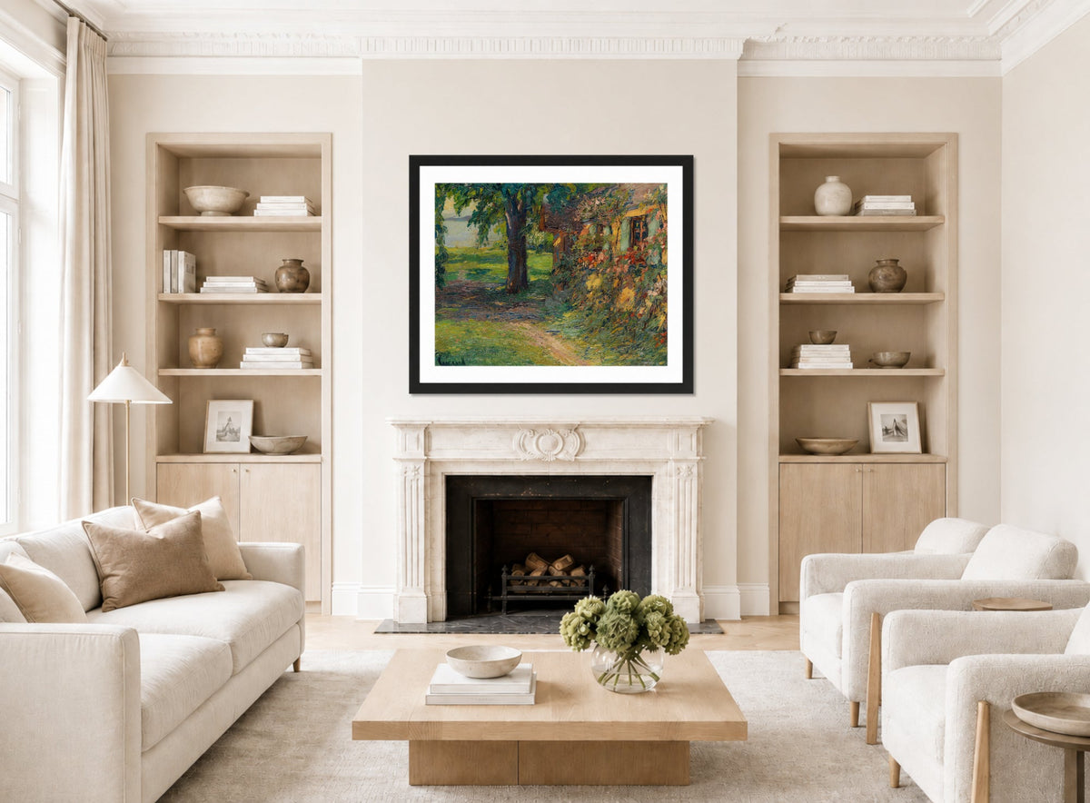 Edward Cucuel Print, The artist’s house on Lake Starnberg (1920) displayed in a Scandinavian living room