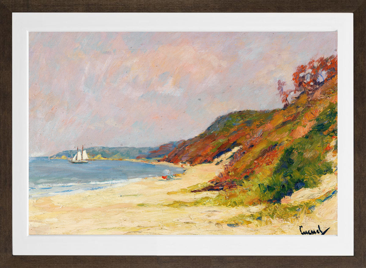 Edward Cucuel Print, The Beach at Rocky Point, Long Island (1930) in a brown frame
