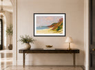 Edward Cucuel Print, The Beach at Rocky Point, Long Island (1930) displayed above a console table