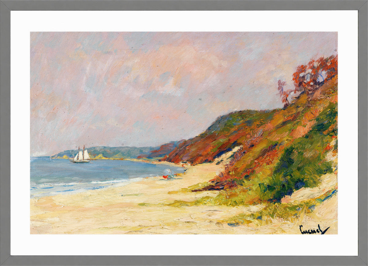 Edward Cucuel Print, The Beach at Rocky Point, Long Island (1930) in a light grey frame