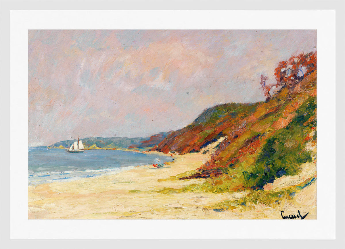 Edward Cucuel Print, The Beach at Rocky Point, Long Island (1930) in a white frame