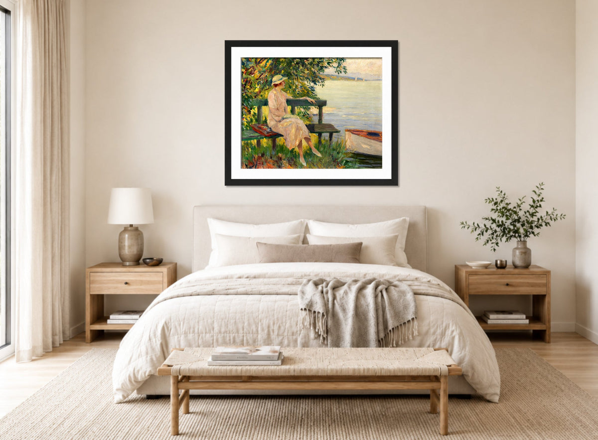 Edward Cucuel Print, The green bench (1920) displayed above a bed