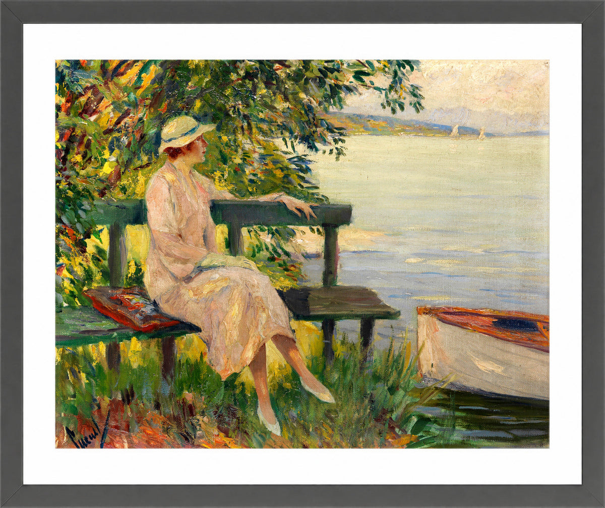 Edward Cucuel Print, The green bench (1920) in a dark grey frame