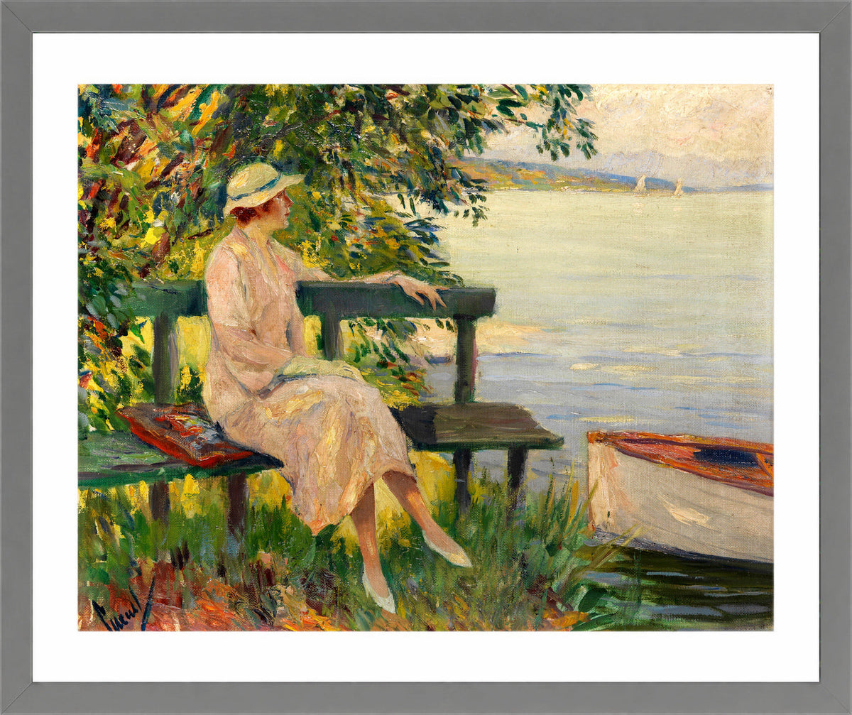 Edward Cucuel Print, The green bench (1920) in a light grey frame