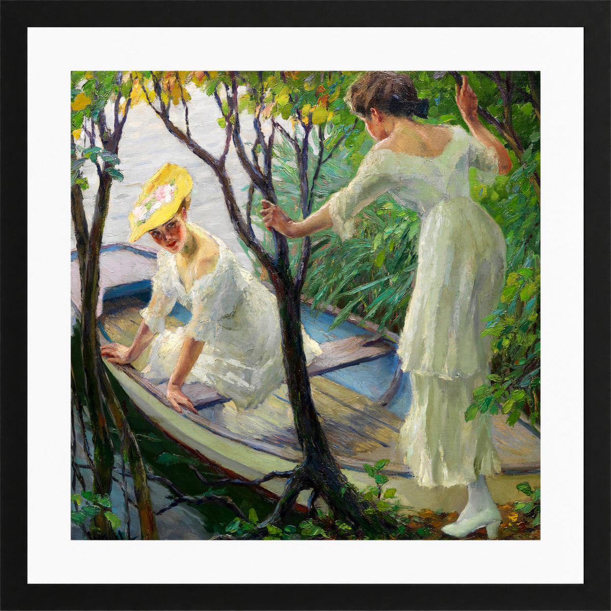 Edward Cucuel Print, Two ladies in a boat (1910) in a black frame