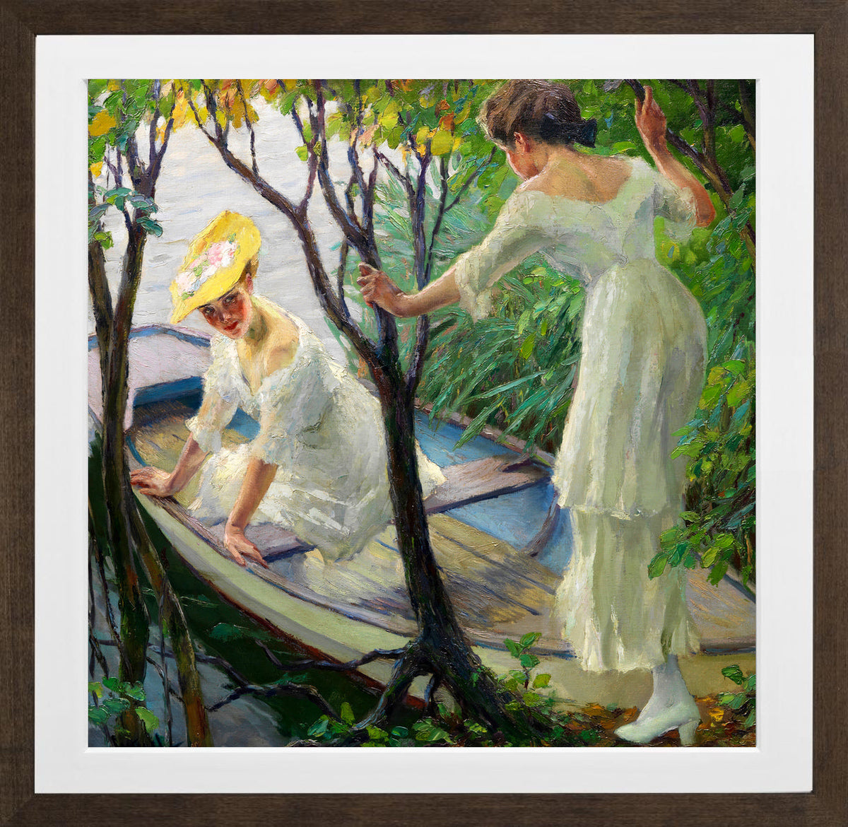 Edward Cucuel Print, Two ladies in a boat (1910) in a brown frame