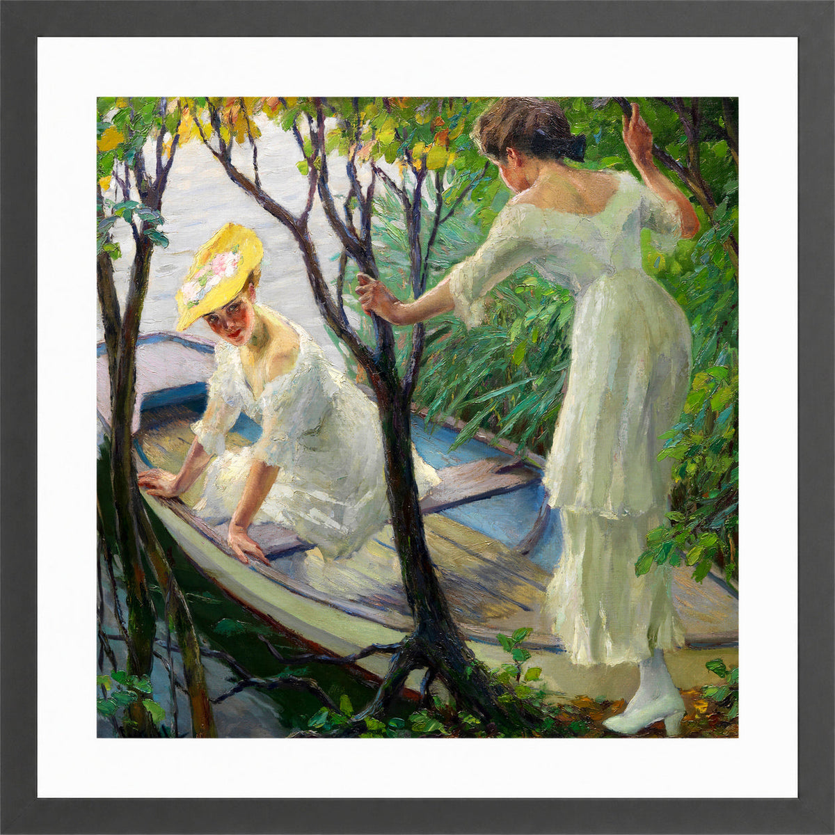 Edward Cucuel Print, Two ladies in a boat (1910) in a dark grey frame