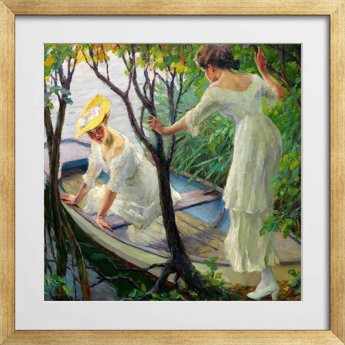 Edward Cucuel Print, Two ladies in a boat (1910) in a gold frame