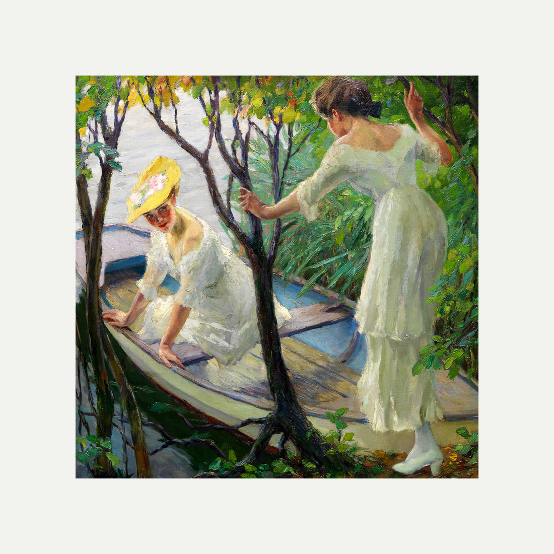 Edward Cucuel Print, Two ladies in a boat (1910) with an off-white border for rolled canvas