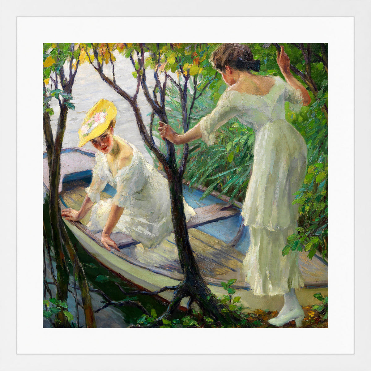 Edward Cucuel Print, Two ladies in a boat (1910) in a white frame