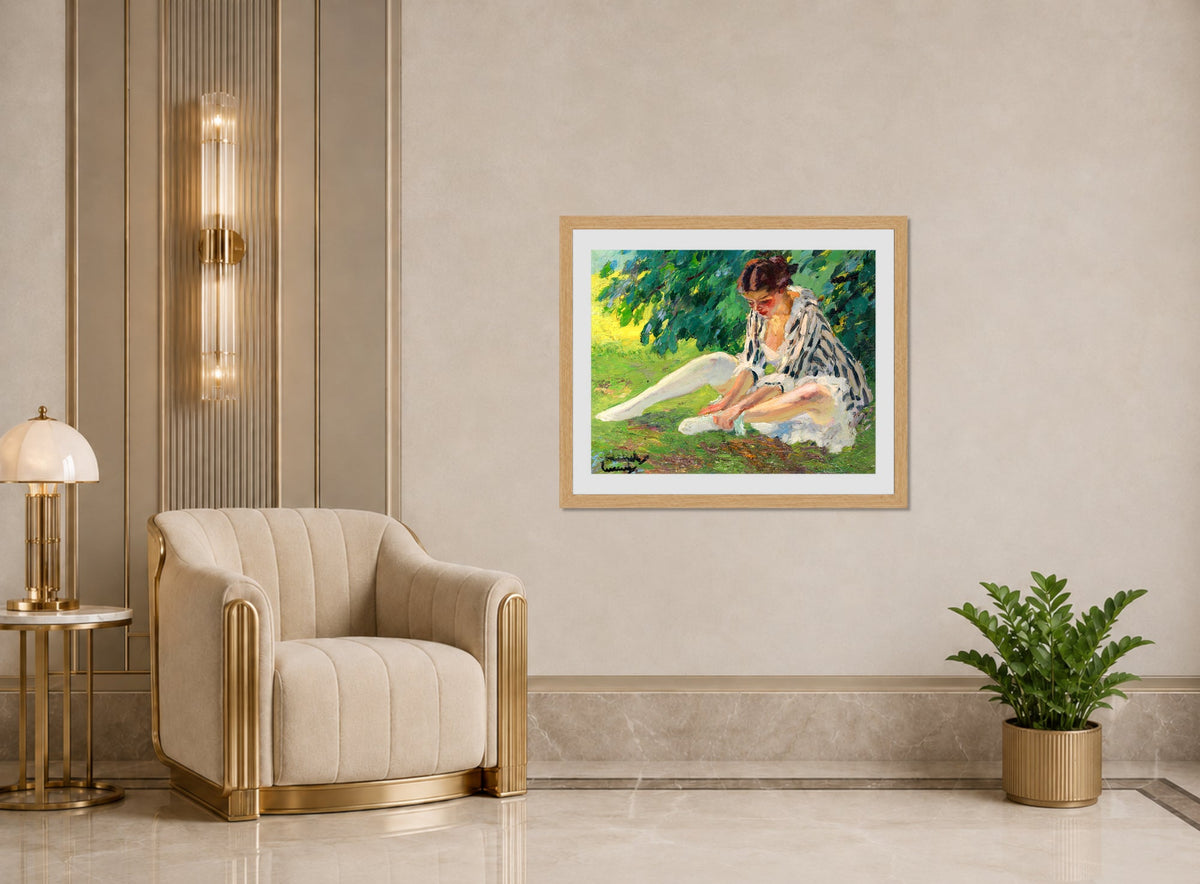 Edward Cucuel Print, Undressing (sitting in the grass) (1910) displayed in an Art Deco interior