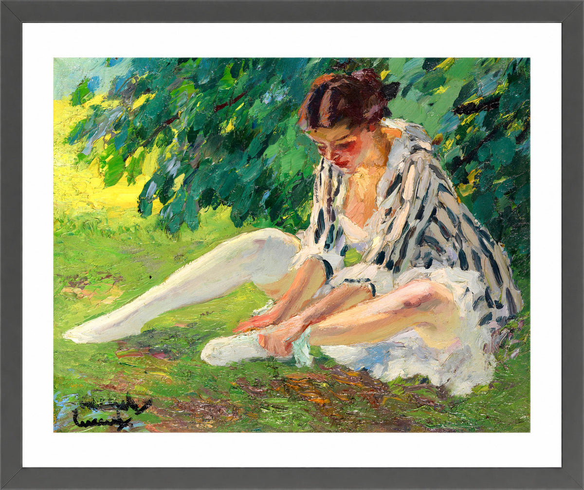 Edward Cucuel Print, Undressing (sitting in the grass) (1910) in a dark grey frame
