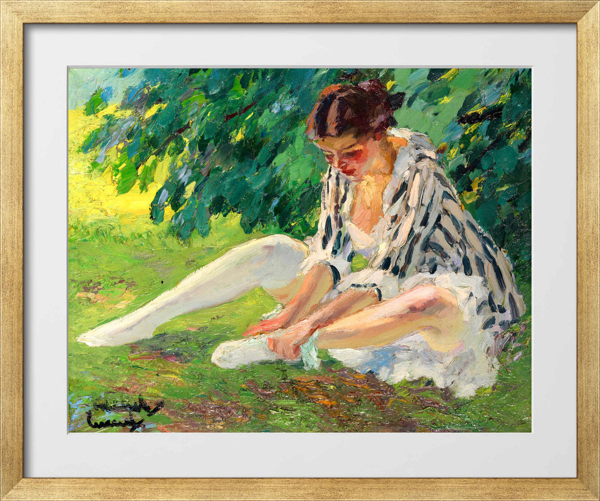 Edward Cucuel Print, Undressing (sitting in the grass) (1910) in a gold frame