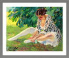Edward Cucuel Print, Undressing (sitting in the grass) (1910) in a light grey frame