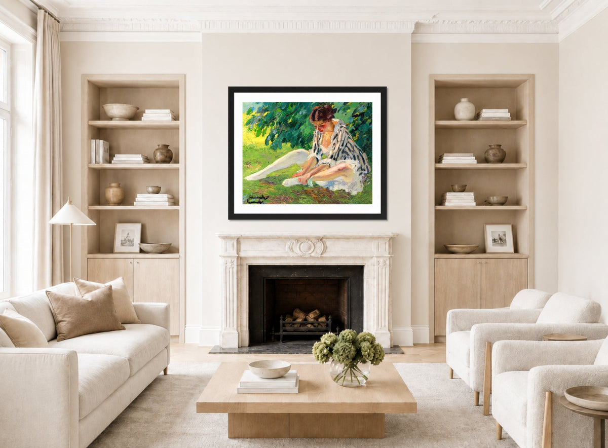 Edward Cucuel Print, Undressing (sitting in the grass) (1910) displayed in a Scandinavian living room