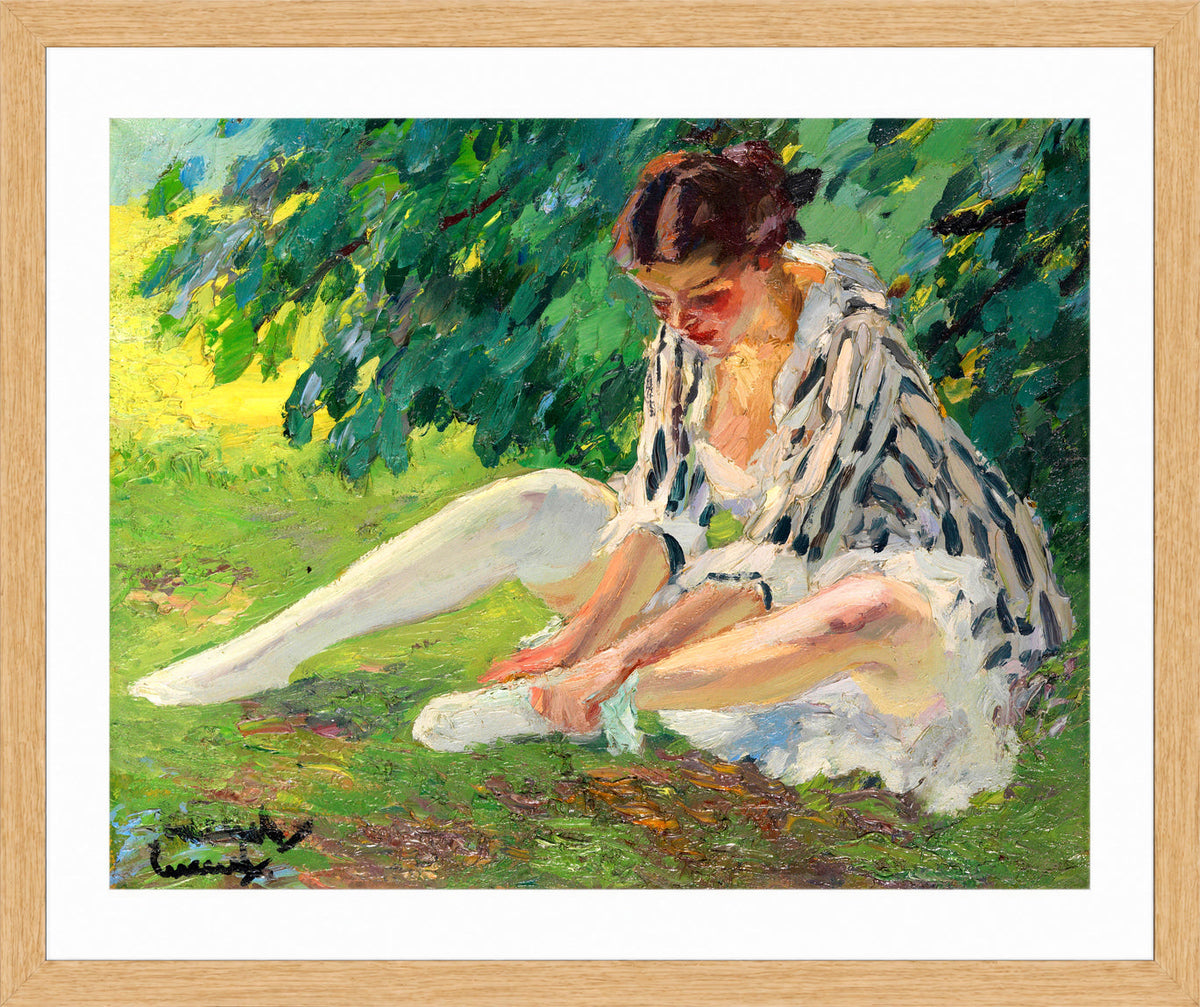 Edward Cucuel Print, Undressing (sitting in the grass) (1910) in an oak frame