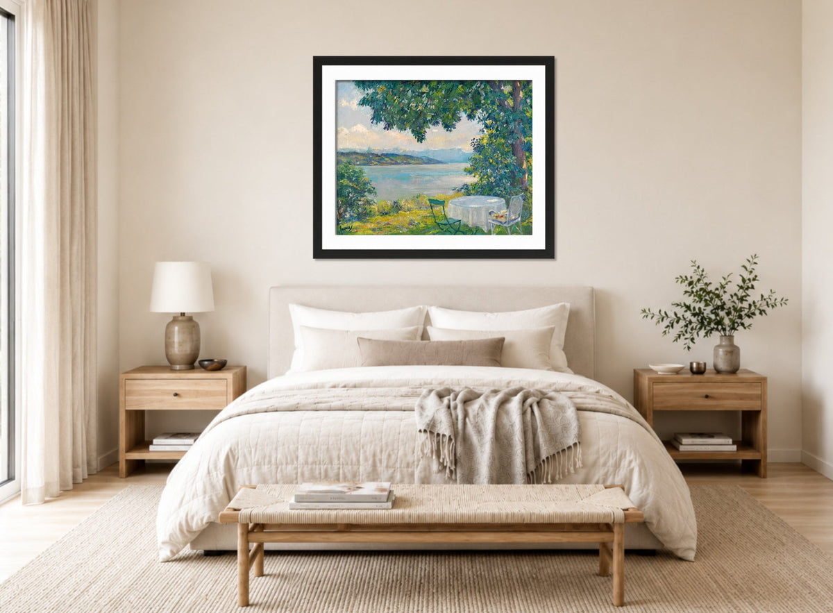 Edward Cucuel Print, View of Lake Starnberg (1920-30) displayed above a bed