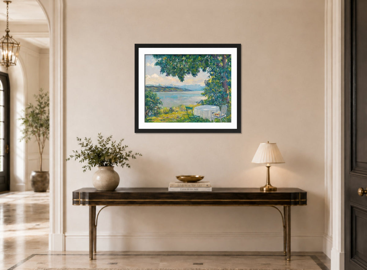 Edward Cucuel Print, View of Lake Starnberg (1920-30) displayed above a console table