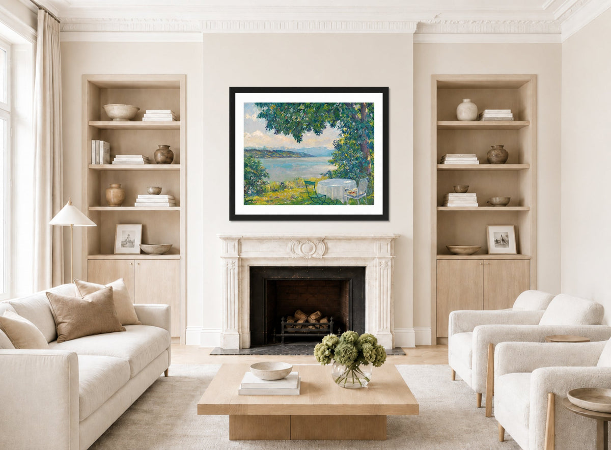 Edward Cucuel Print, View of Lake Starnberg (1920-30) displayed in a Scandinavian living room