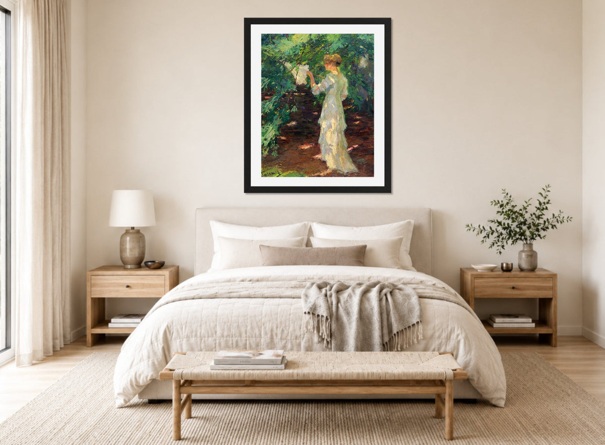 Edward Cucuel Print, Waldschatten (1910-20) displayed above a bed