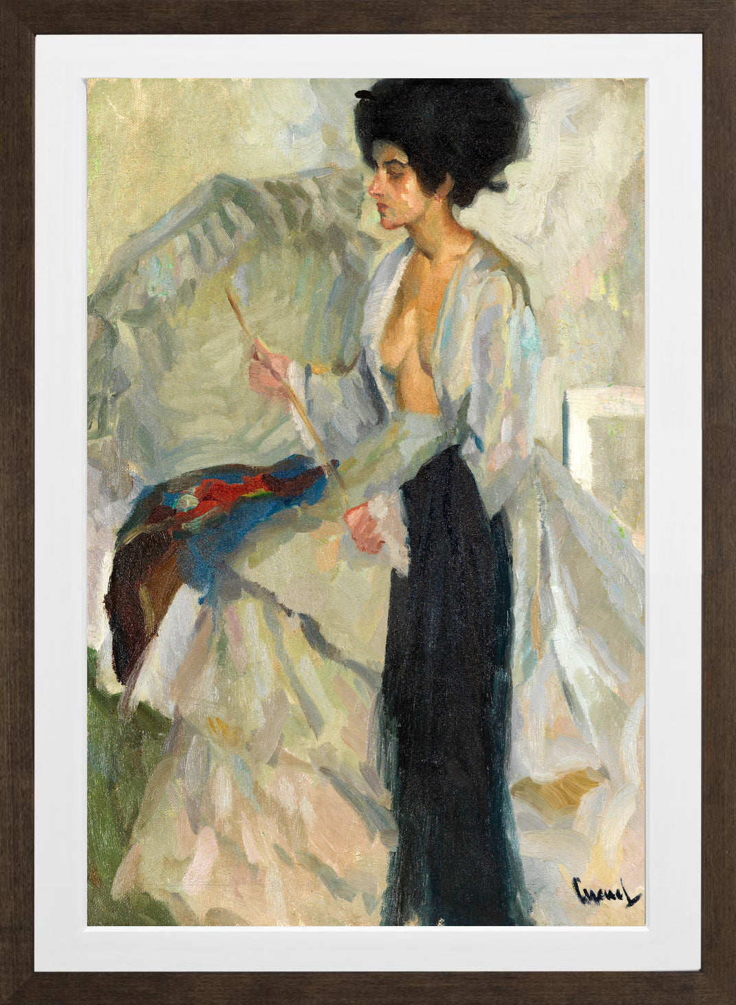 Edward Cucuel Print, Woman in the studio (1915) in a brown frame