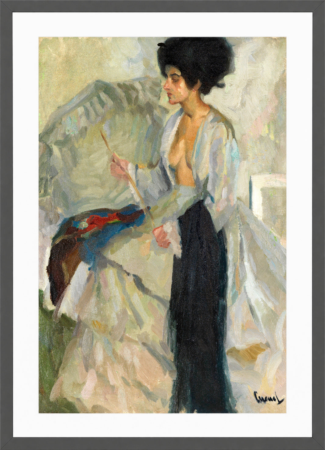 Edward Cucuel Print, Woman in the studio (1915) in a dark grey frame