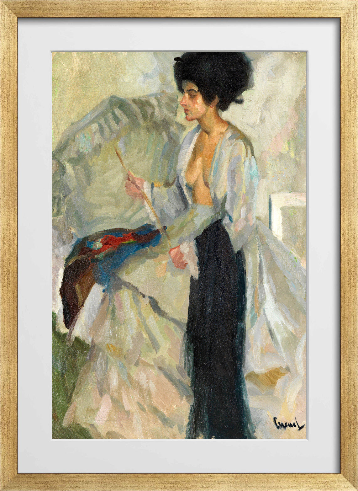 Edward Cucuel Print, Woman in the studio (1915) in a gold frame