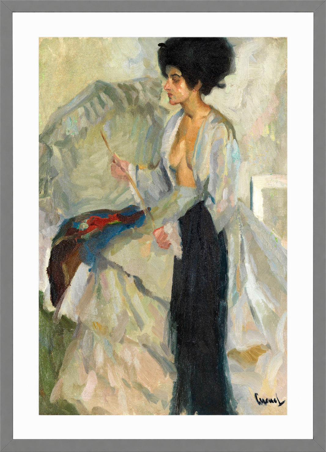 Edward Cucuel Print, Woman in the studio (1915) in a light grey frame