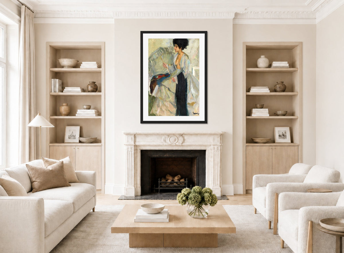 Edward Cucuel Print, Woman in the studio (1915) displayed in a Scandinavian living room